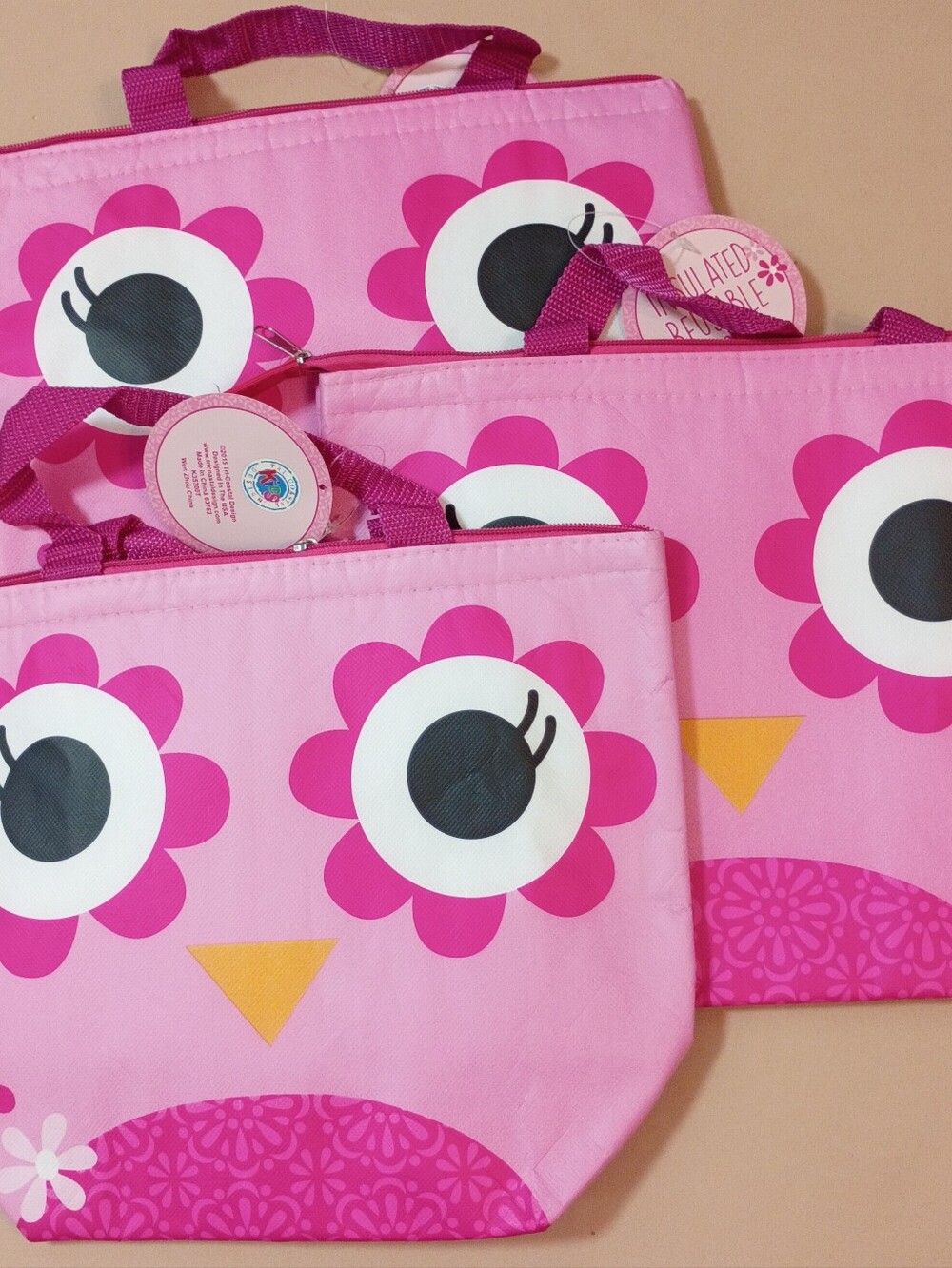 Lot of 3 Tri-Coastal Design Kids Pink Owl Insulated Lunch Bags NWT